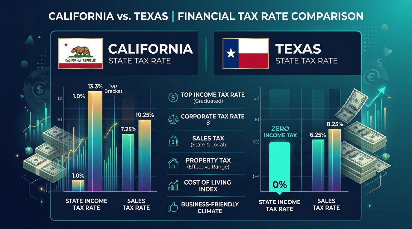 California vs Texas state income tax comparison graph 100k salary