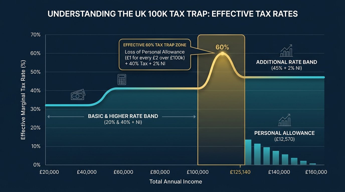 UK £100,000 tax trap 60% marginal tax rate breakdown infographic chart
