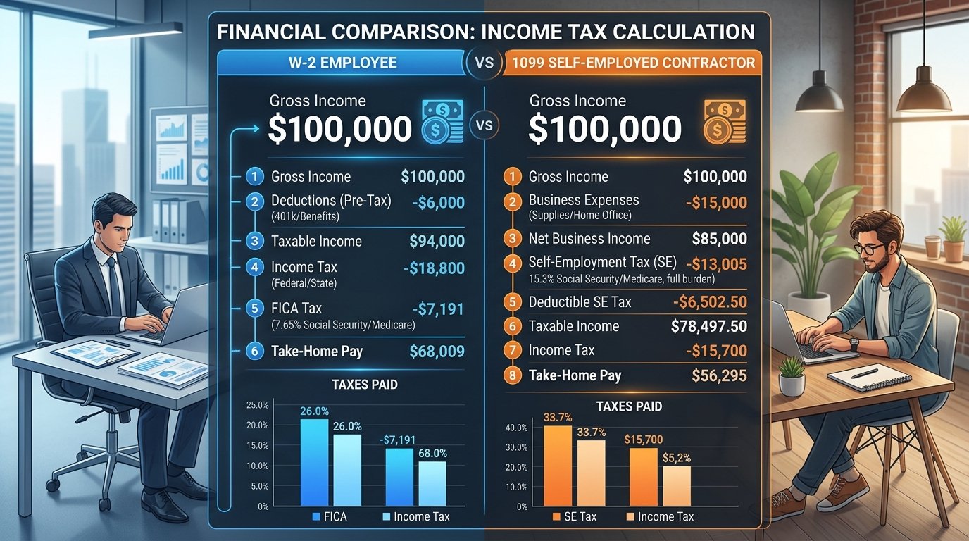 W2 employee versus 1099 self-employed contractor income tax comparison infographic